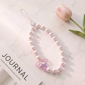 Pearl Style Phone Charm Beaded Wristlet Strap Universal，Simulated Pearl Crystal Illusion Star
